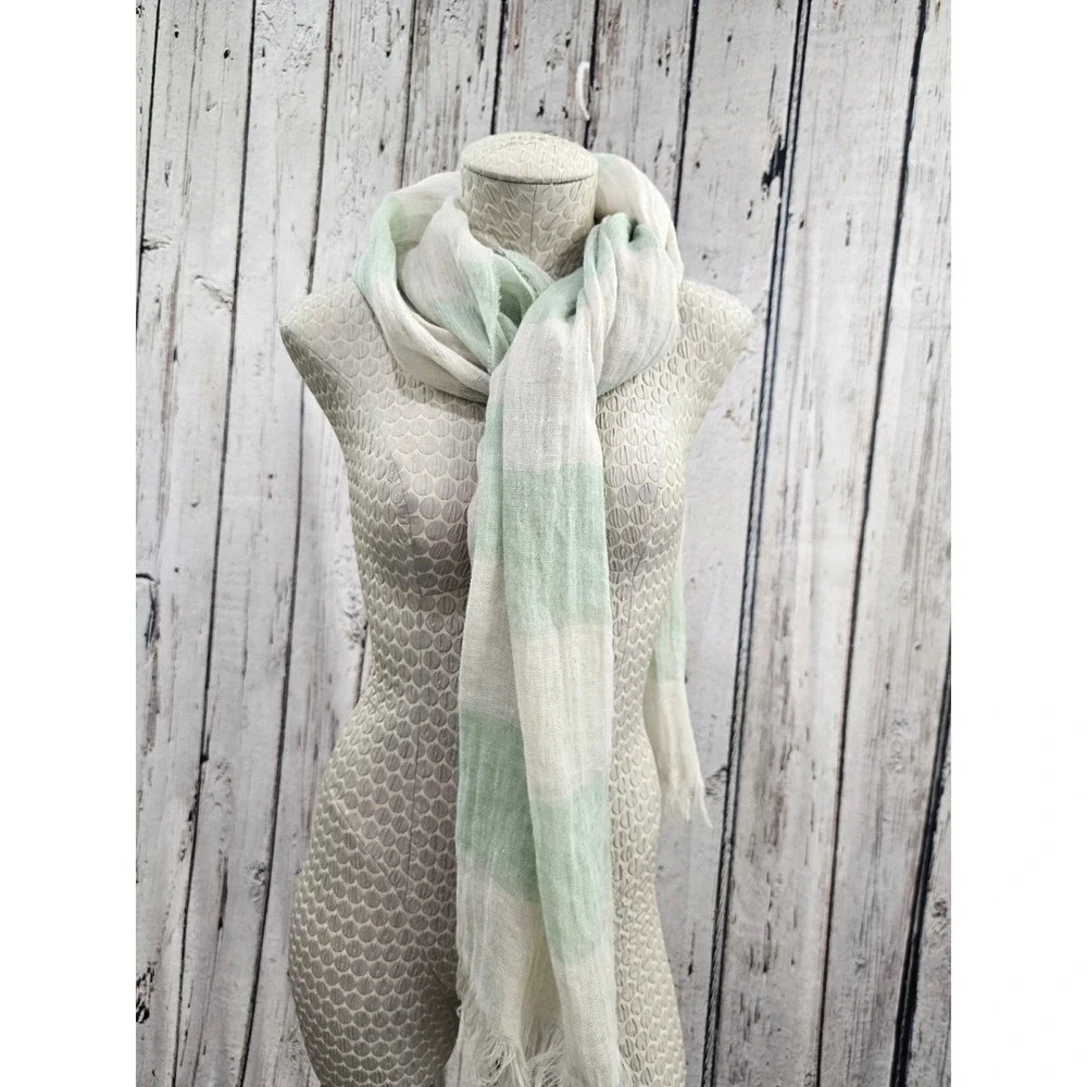 Fabiana Filippi Scarf Stole OS Green Tan Striped 100% Linen Made in Italy 27x80